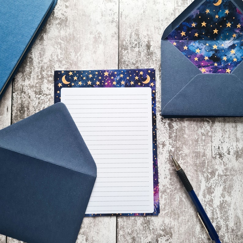 Galaxy letter writing set Navy blue envelopes nebula, moon and golden stars A5 paper with recycled lined envelopes image 4