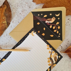 Letter writing set owl and autumnal oak leaves, moon and stars A5 paper with lined recycled envelopes image 4