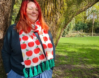 Red apples scarf - organic cotton lightweight scarf with green handmade tassels - eco friendly ladies scarf