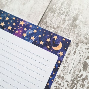 Galaxy letter writing set Navy blue envelopes nebula, moon and golden stars A5 paper with recycled lined envelopes image 2