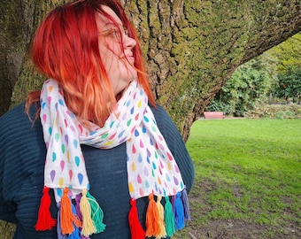 Rainbow raindrops scarf - lightweight organic cotton gauze handmade scarf with organic cotton tassels