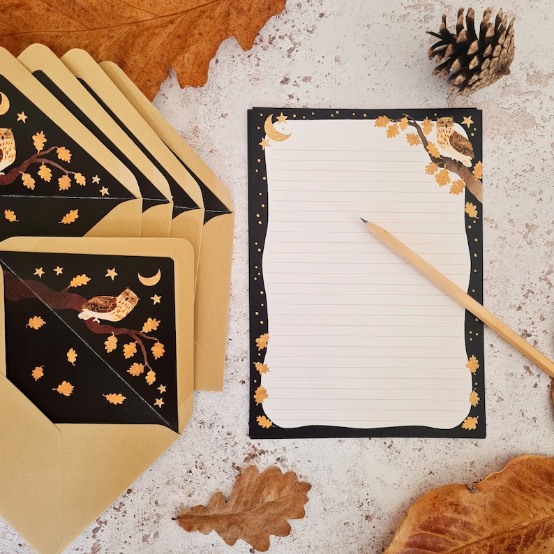 Letter writing set owl and autumnal oak leaves, moon and stars A5 paper with lined recycled envelopes image 2