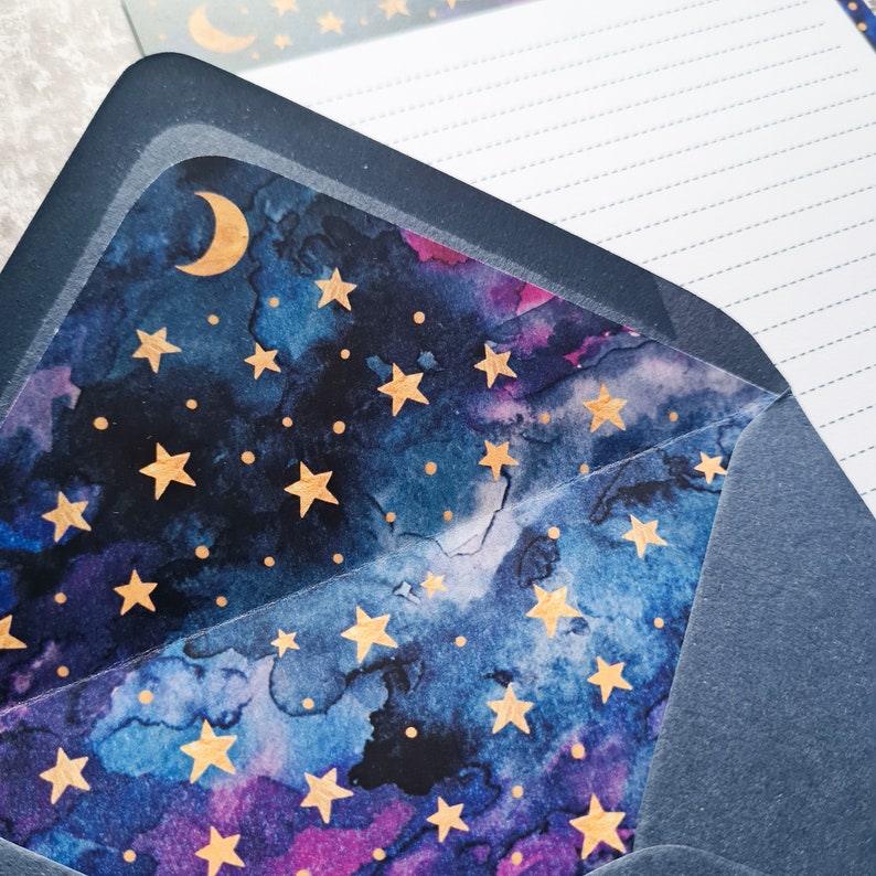 Galaxy letter writing set Navy blue envelopes nebula, moon and golden stars A5 paper with recycled lined envelopes image 3