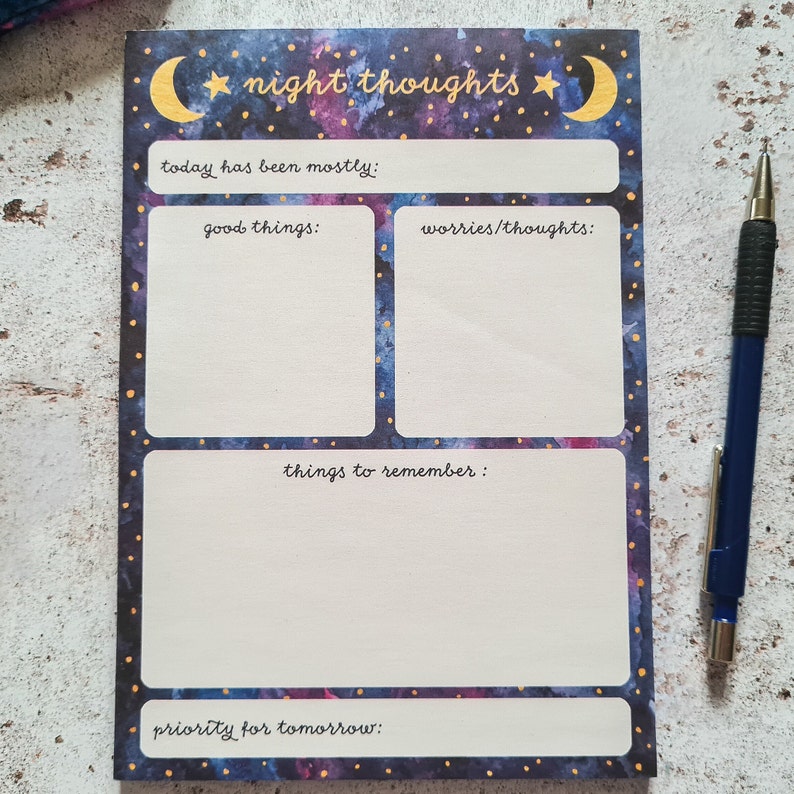 Night Thoughts Notepad A5 Mental Health and Gratitude Pad for Bedtime ...