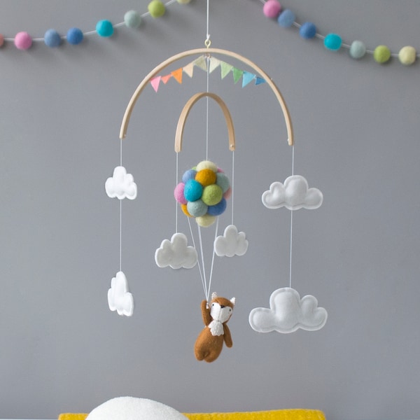 Neutral Baby Mobile with Flying Fox, Pastel Balloons, and Rainbow Bunting Banner - Handmade Nursery Decor. Woodland Nursery Decoration