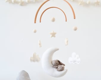 Baby crib Mobile Bunny sleeping on the moon stars clouds | Woodland Nursery Decor Baby Shower newborn gift | Travel Nursery