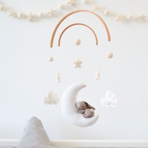 Baby crib Mobile Bunny sleeping on the moon stars clouds | Woodland Nursery Decor Baby Shower newborn gift | Travel Nursery