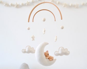 Teddy Bear Crib Baby Mobile | Woodland Nursery Newborn Baby Shower gift idea | Sleeping on Moon Stars clouds 100% wool felt