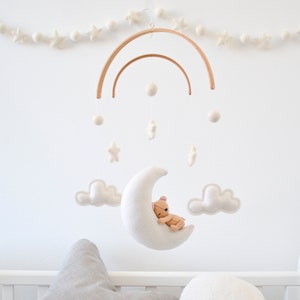 Teddy Bear Crib Baby Mobile | Woodland Nursery Newborn Baby Shower gift idea | Sleeping on Moon Stars clouds 100% wool felt