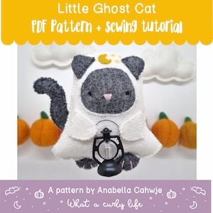 Ghost Cat . Cute Halloween project PDF Pattern Illustrated sewing tutorial made with wool felt