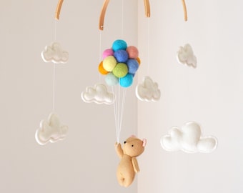 Baby crib Mobile teddy bear flying pastel rainbow balloons clouds Woodland Nursery Decor Baby Shower