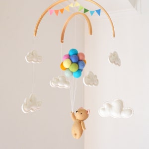 Baby crib Mobile teddy bear flying pastel rainbow balloons clouds Woodland Nursery Decor Baby Shower