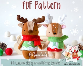 Reindeer and Deer with embroidered jumpers sewing tutorial in felt ( PDF patterns ) Christmas sewing patterns  Ornaments stocking stuffer