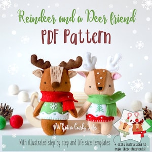 Reindeer and Deer with embroidered jumpers sewing tutorial in felt PDF patterns Christmas sewing patterns Ornaments stocking stuffer image 1