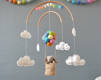 Woodland Baby Mobile Bunny in hot air balloon pastel colours and clouds | Rainbow Neutral tones Nursery Decor Baby shower newborn gift