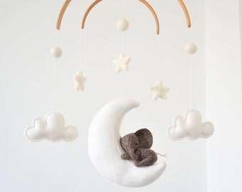 Elephant Crib Baby Mobile | Nursery Decor Baby Shower | Sleeping on Moon Clouds Stars | Travel safari jungle Nursery Cot