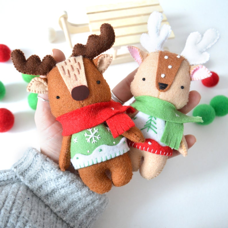 Reindeer and Deer with embroidered jumpers sewing tutorial in felt PDF patterns Christmas sewing patterns Ornaments stocking stuffer image 2