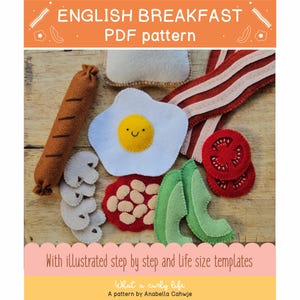 Illustrerad sömnadshandledning för engelsk frukost i PDF-format, handgjord med ullfilt.