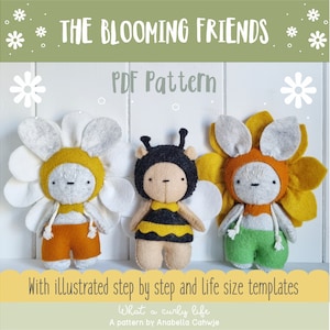 The Blooming friends. Bunny and Bear Pattern. Bee and Flower Pattern PDF Pattern Illustrated sewing tutorial made with wool felt.
