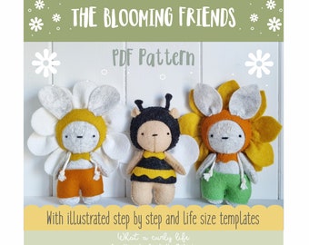 The Blooming friends. Bunny and Bear Pattern. Bee and Flower Pattern PDF Pattern Illustrated sewing tutorial made with wool felt.