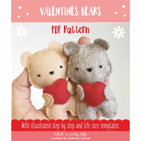 Valentine's Day Bears. Teddy Bear Pattern with a heart. PDF Pattern Illustrated sewing tutorial made with wool felt.