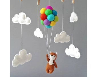 Baby Mobile fox holding bright colorful rainbow balloons and clouds | Safari Nursery Decor Baby Shower newborn gift 100% Wool Felt