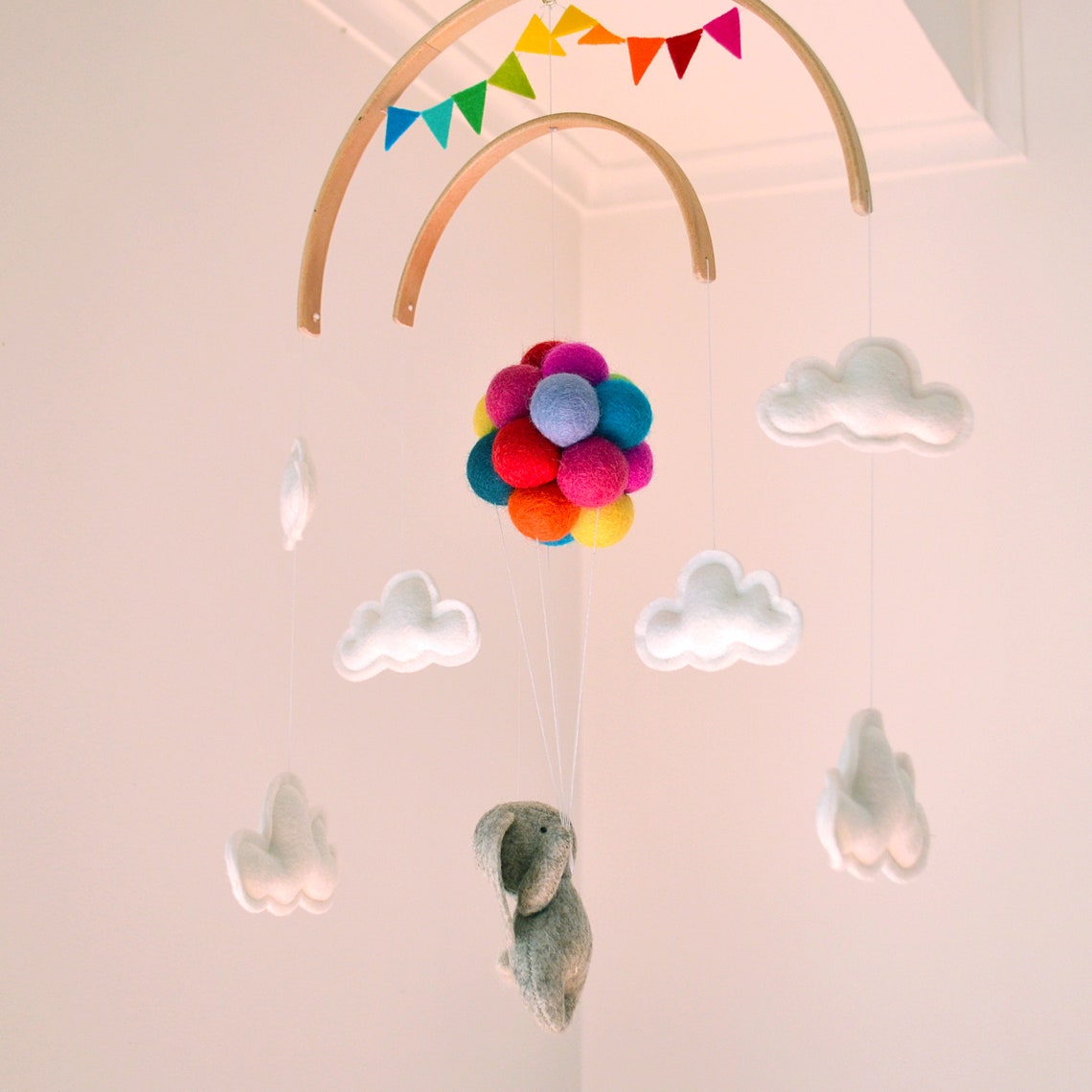 Baby crib mobile Bunny flying rainbow balloons clouds Etsy