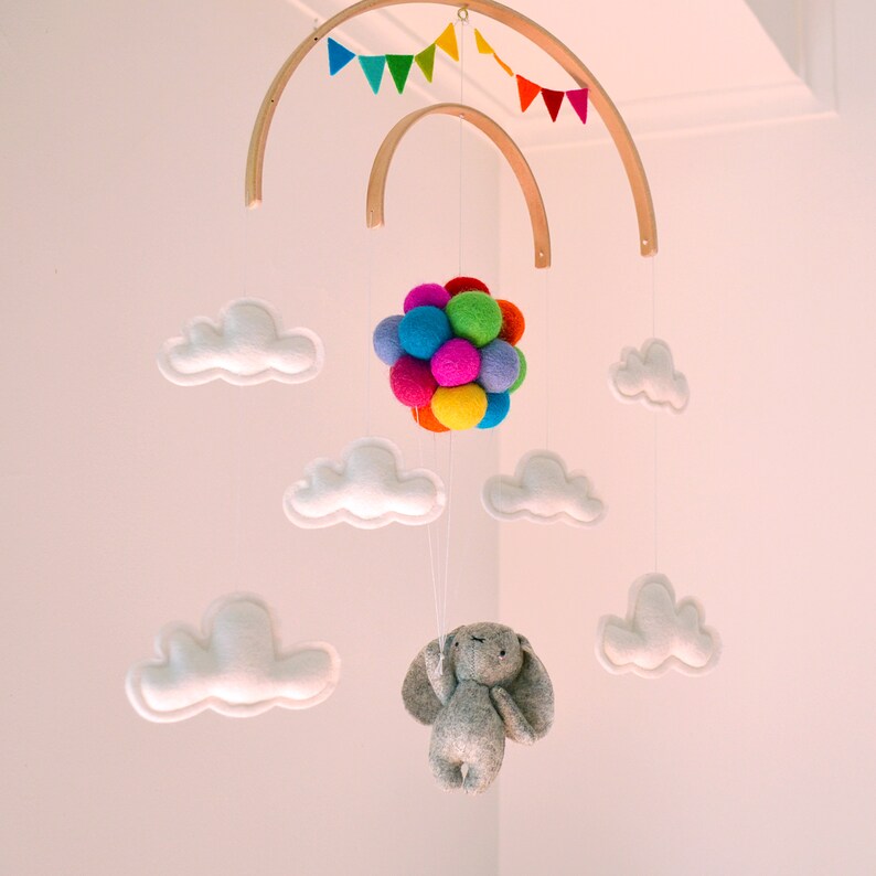 Baby crib mobile Bunny flying rainbow balloons clouds Etsy