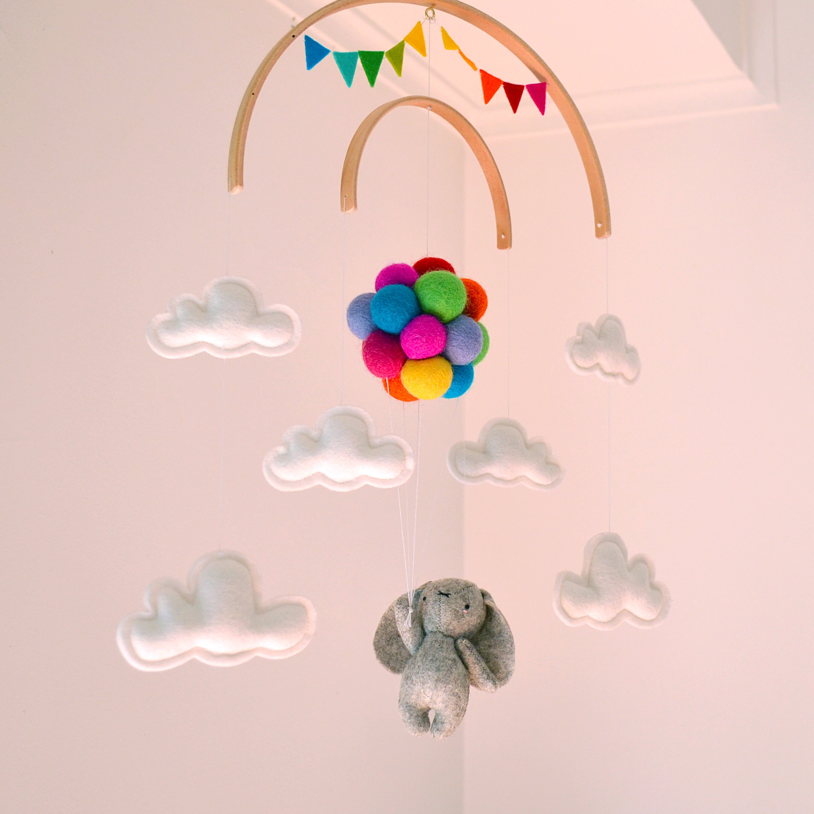 Baby crib mobile Bunny flying rainbow balloons clouds Etsy