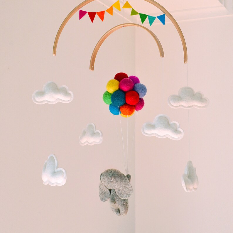 Baby crib mobile Bunny flying rainbow balloons clouds Etsy