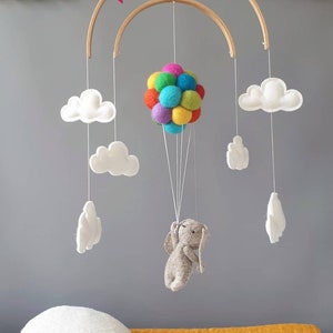 Baby crib mobile Bunny flying rainbow balloons clouds | Woodland travel Nursery Decor Baby Shower newborn gift up and away