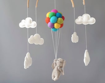 Baby crib mobile Bunny flying rainbow balloons clouds | Woodland travel Nursery Decor Baby Shower newborn gift up and away