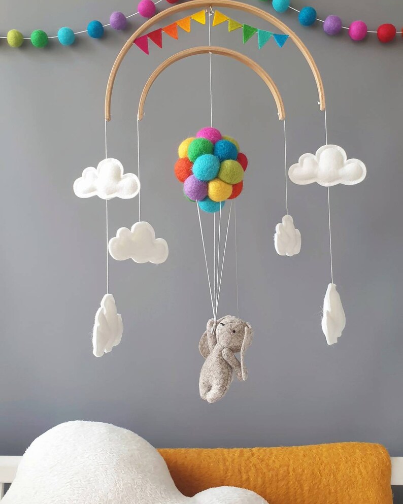 Baby Crib Mobile Bunny Flying Rainbow Balloons Clouds Etsy