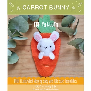 Easter Bunny in a carrot pocket. Easter Pattern.  PDF Pattern Illustrated sewing tutorial made with wool felt.