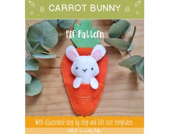 Easter Bunny in a carrot pocket. Easter Pattern.  PDF Pattern Illustrated sewing tutorial made with wool felt.