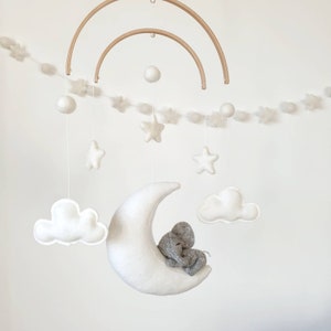Light grey Elephant Crib Baby Mobile Sleeping on Moon Clouds Stars | Travel safari jungle Nursery Cot