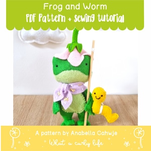 Frog and worm PDF Pattern and tutorial . Step by step Illustrated sewing tutorial made with wool felt .