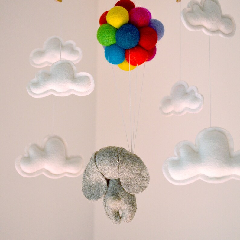 Baby crib mobile Bunny flying rainbow balloons clouds Etsy