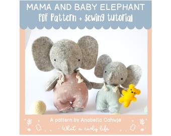 Elephant pattern mama and baby . Illustrated sewing tutorial made with wool felt ( PDF patterns ) Safari pattern