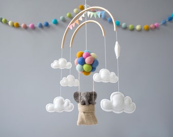 Elephant Baby Mobile hot air balloon in pastel colours and clouds | Rainbow Neutral tones Safari Nursery Decor Baby shower newborn gift