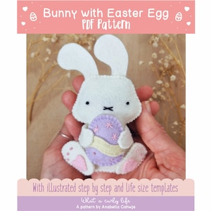Easter Bunny Pattern. Bunny holding Easter egg PDF Pattern Illustrated sewing tutorial made with wool felt. Easter ornament Easter garland
