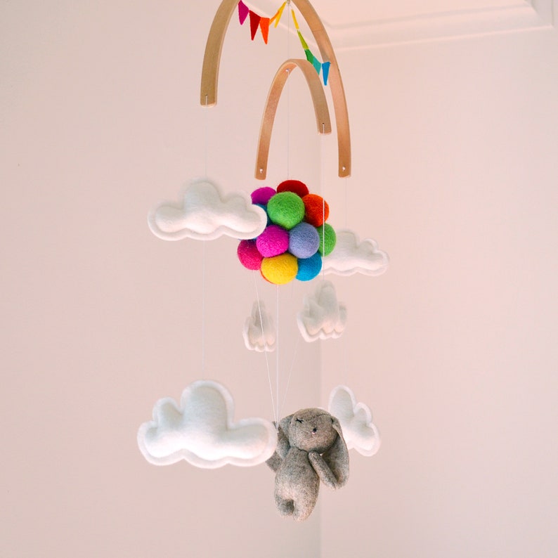 Baby crib mobile Bunny flying rainbow balloons clouds Etsy