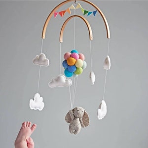 Baby crib mobile Bunny flying Pastel Rainbow Balloons Clouds | Woodland travel Nursery Decor Baby Shower newborn gift up and away Wool Felt