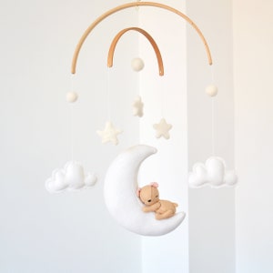 Woodland Bear Sleeping on the Moon Baby Mobile | Celestial Nursery Decor | Stars and Clouds | Baby Shower Gift Handmade