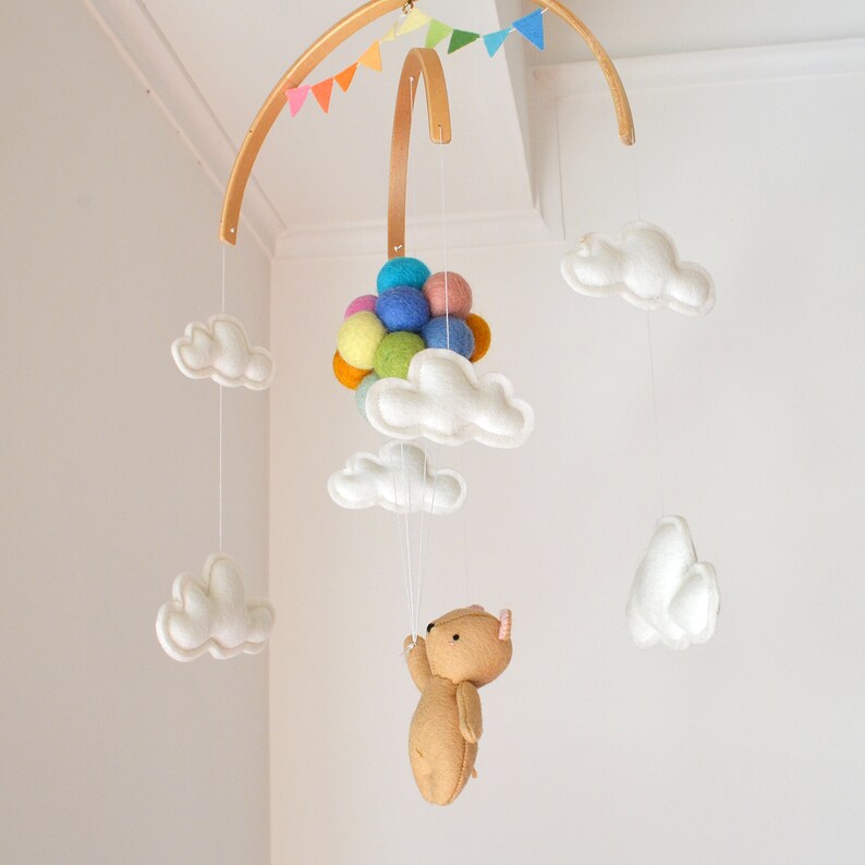 Baby Crib Mobile Teddy Bear Flying Pastel Rainbow Balloons Etsy