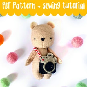 May include: A beige felt teddy bear with black eyes and a black nose, holding a black and white felt camera with a red button. The bear is surrounded by colourful felt balls.