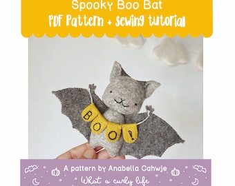Spooky Boo Bat . Halloween project PDF Pattern Illustrated sewing tutorial made with wool felt