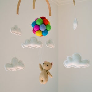 Baby Mobile teddy bear flying rainbow balloons clouds crib mobile Woodland Nursery Decor Baby Shower newborn gift Up and away 100% Wool Felt