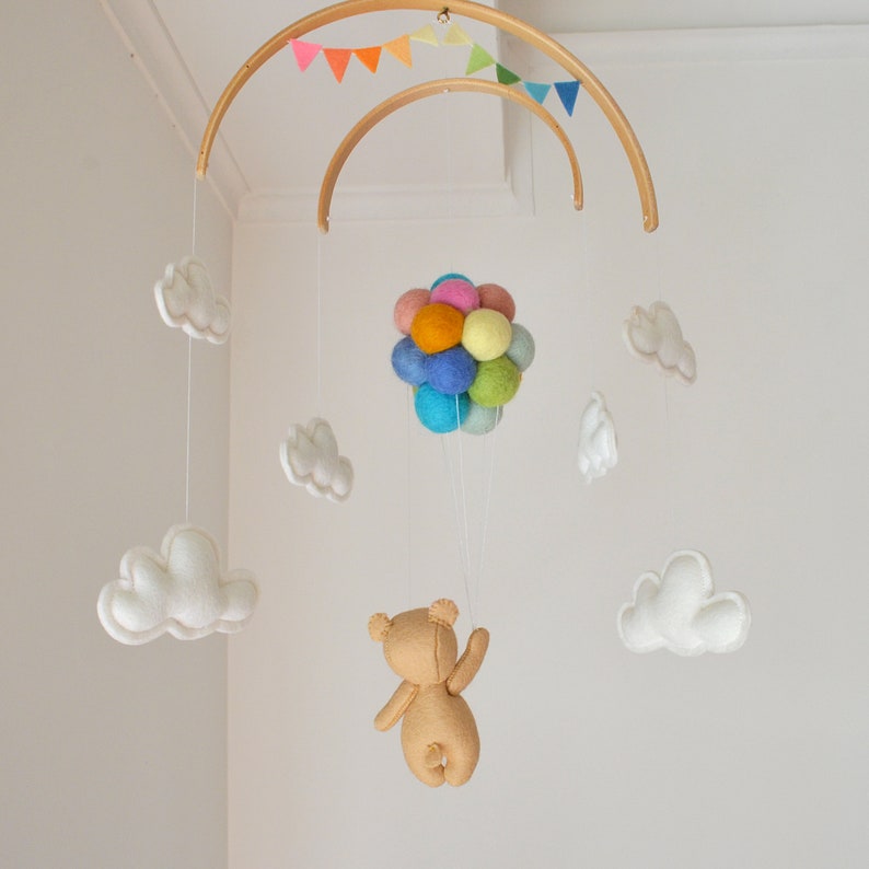 Baby Crib Mobile Teddy Bear Flying Pastel Rainbow Balloons Etsy