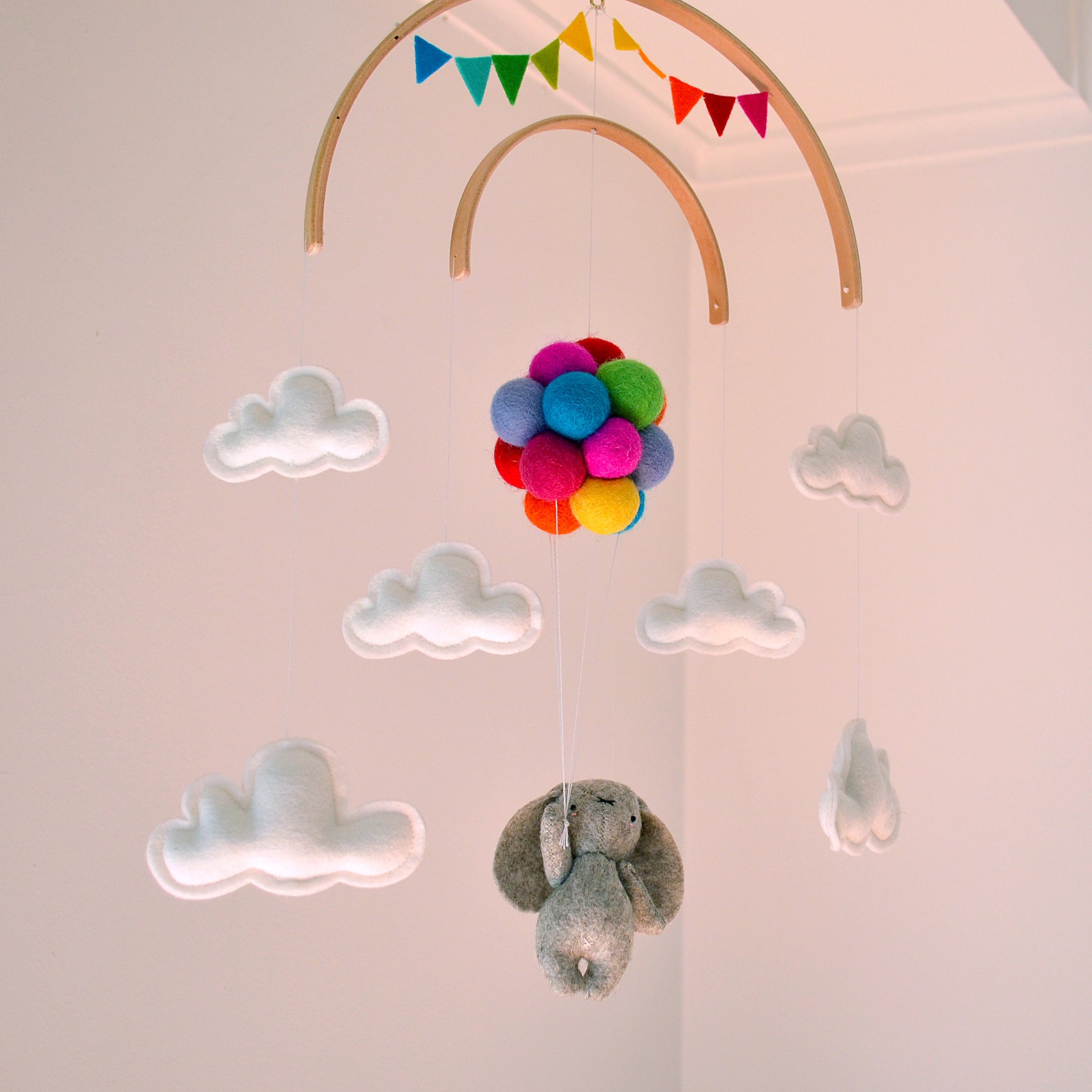 Baby crib mobile Bunny flying rainbow balloons clouds Etsy